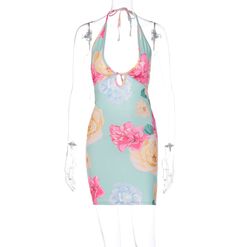 flowersverse Women's Summer Lace-Up Halter Neck Sexy Low Back Print Bodycon Dress Women