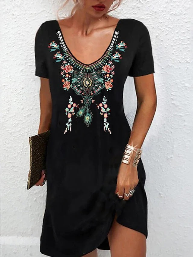 flowersverse Summer Hemp Blended Mid-waist Printed Urban Casual Short-sleeved Dress