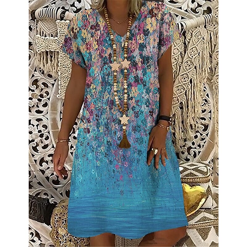 flowersverse Women's Shift Dress Midi Dress Blue Green Light Blue Short Sleeve Floral Print Spring Summer V Neck Casual S M L XL XXL 3XL