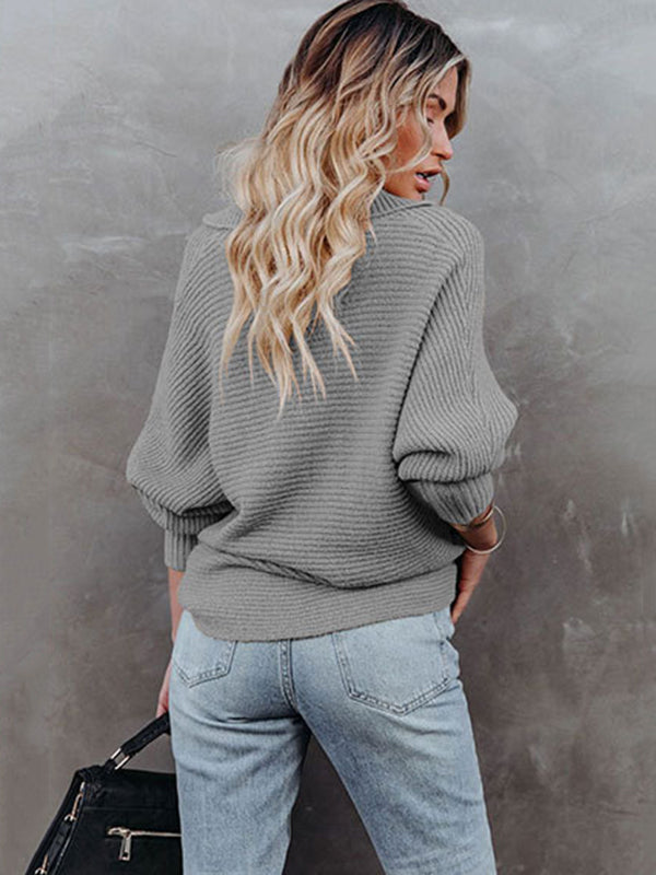 flowersverse Long Sleeves Solid Color Lapel V-Neck Sweater Tops