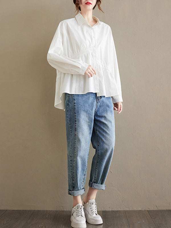 flowersverse Casual Loose 3 Colors Buttoned Lapel Collar Long Sleeves Blouse