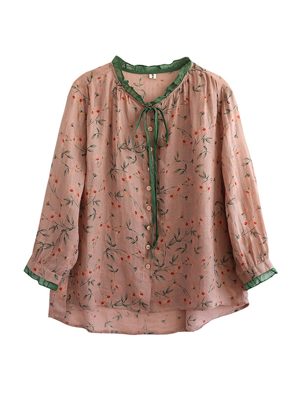 flowersverse Floral Printed Lace-Up Long Sleeves Loose Round-Neck Blouses&Shirts Tops
