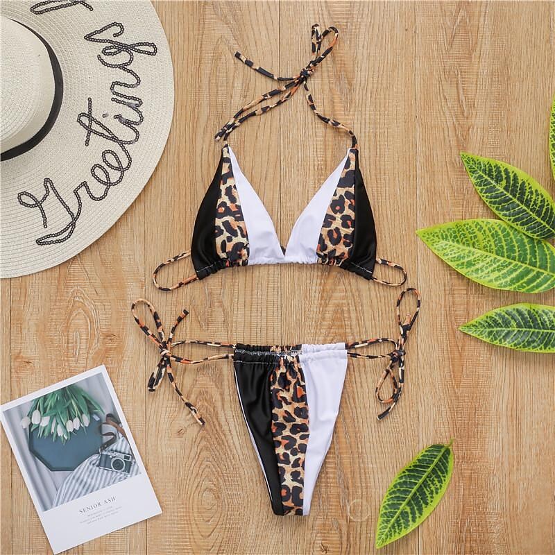 flowersverse Women's Swimwear Bikini Normal Swimsuit 2 Piece Printing Leopard Color Block Black and white color matching yellow color matching Bathing Suits Sports Summer