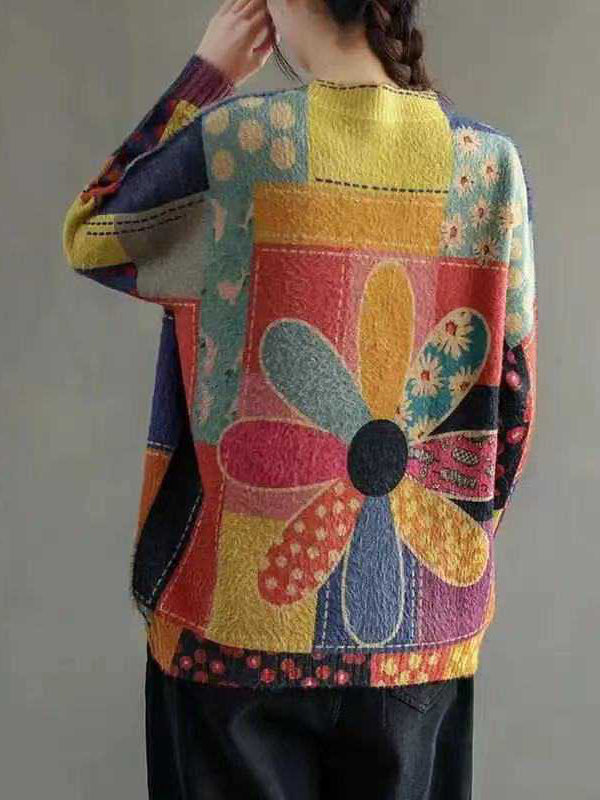 flowersverse Flower Print Rhine Stones High-low Long Sleeves Round-neck Sweater Tops Pullovers