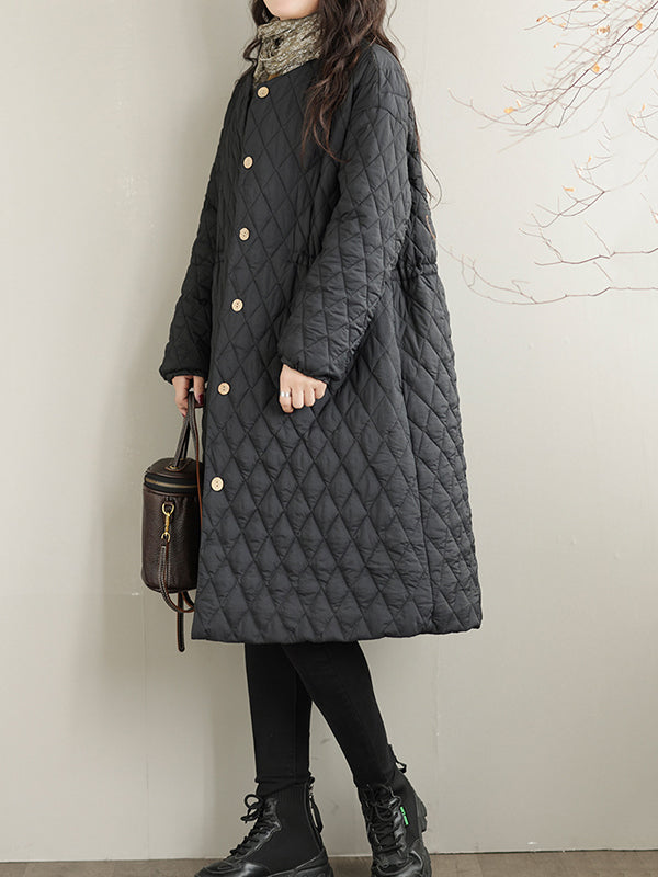 flowersverse Buttoned Cotton-padded Clothes Quilted Long Sleeves Loose Round-neck Padded Coat