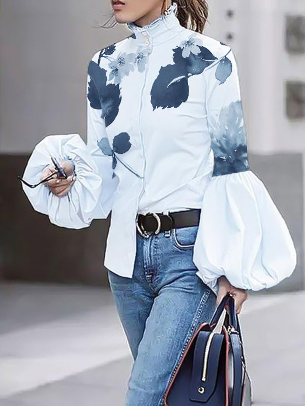 flowersverse Long Sleeves Loose Buttoned Leaves Print High-Neck Blouses&Shirts Tops