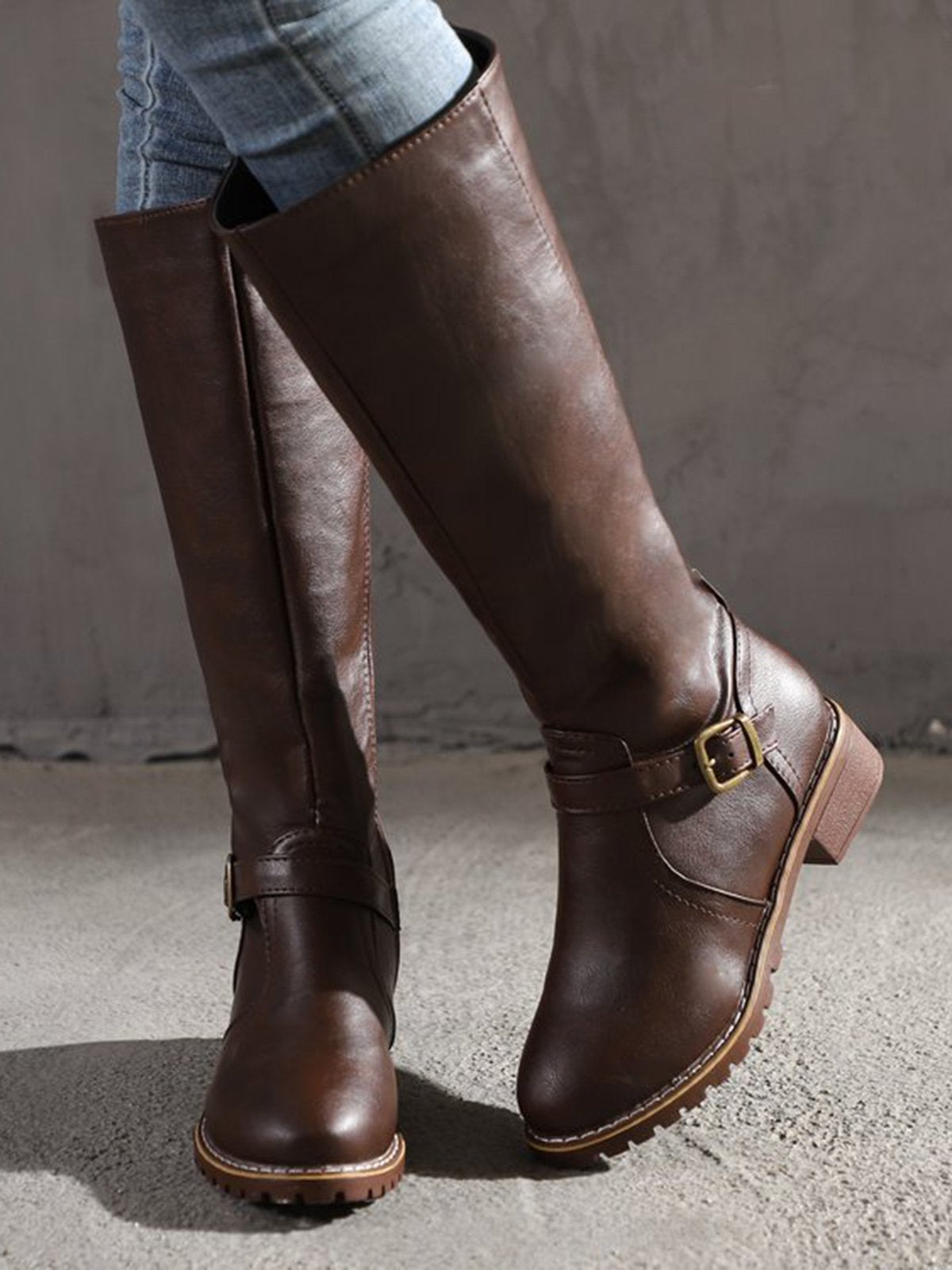 flowersverse Vintage Round Toe Buckle Tall Boots Chunky Heel Riding Boots