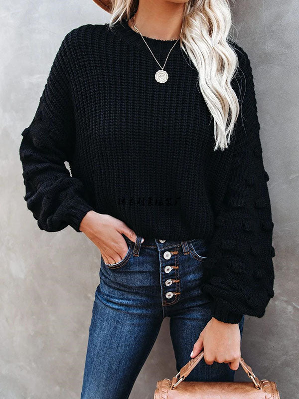 flowersverse Trendy Tops Puff Sleeves Loose Solid Color Round-Neck Sweater Tops