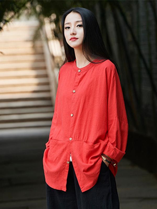 flowersverse Soft Red Ramie Cotton Blouse Outwear
