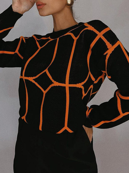 flowersverse Geometric Long Sleeves Loose Round-Neck Sweater Tops Pullovers Knitwear