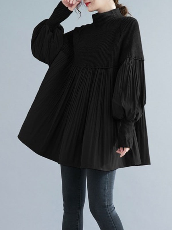 flowersverse Pleated Split-Joint Long Sleeves Loose High Neck Sweater Tops