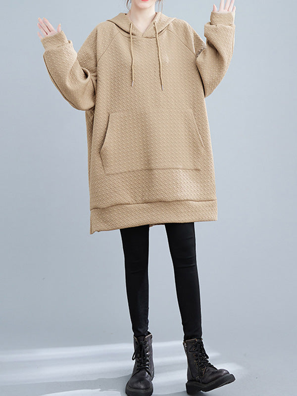 flowersverse Buttoned Drawstring Pockets Solid Color Split-side High-low Long Sleeves Hooded Hoodies Tops