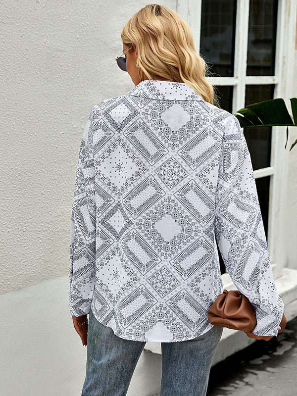 flowersverse Casual Loose Printed Lapel Collar Shirt Top