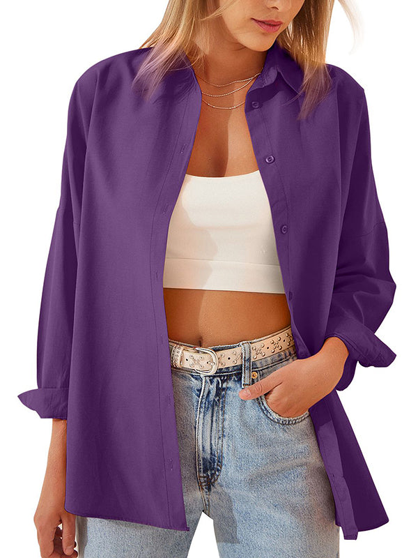 flowersverse Buttoned Solid Color Long Sleeves Loose Lapel Blouses&Shirts Tops