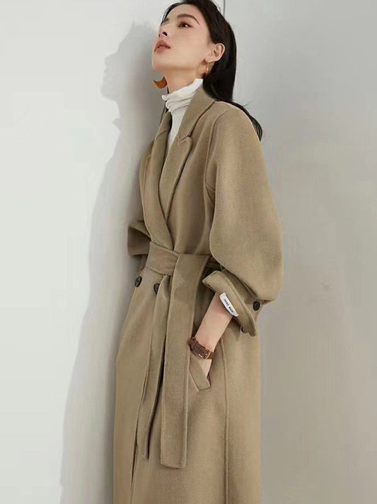 flowersverse Office Belted Solid Color Notched Collar Wool Overcoat