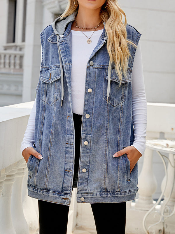 flowersverse Buttoned Detachable Drawstring Hooded Pockets Split-Joint Loose Sleeveless Polo Vest Outerwear