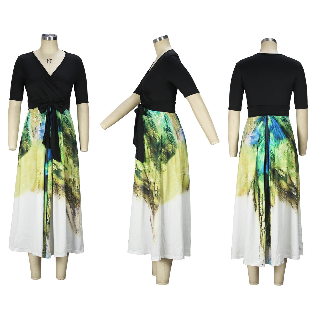 flowersverse Printed Slim Elegant Half-Sleeve Belt Sexy V-Neck Patchwork A-Line Dress