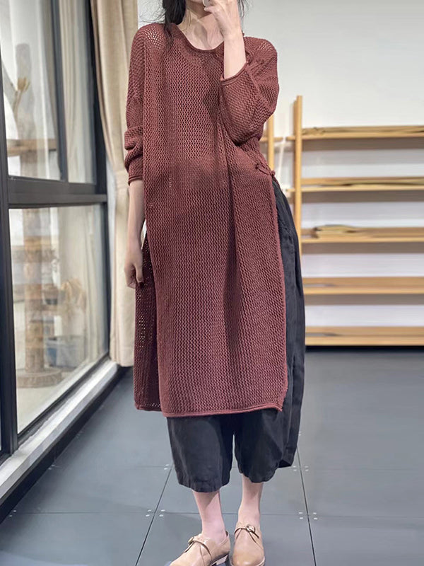 flowersverse Asymmetric Hollow Split-side Long Sleeves Loose Round-neck Sweater Tops