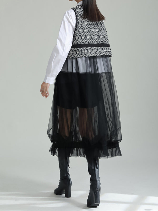 flowersverse Gauze Jacquard Split-Joint Loose V-neck Vest Outerwear