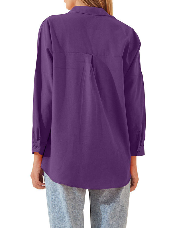 flowersverse Buttoned Solid Color Long Sleeves Loose Lapel Blouses&Shirts Tops