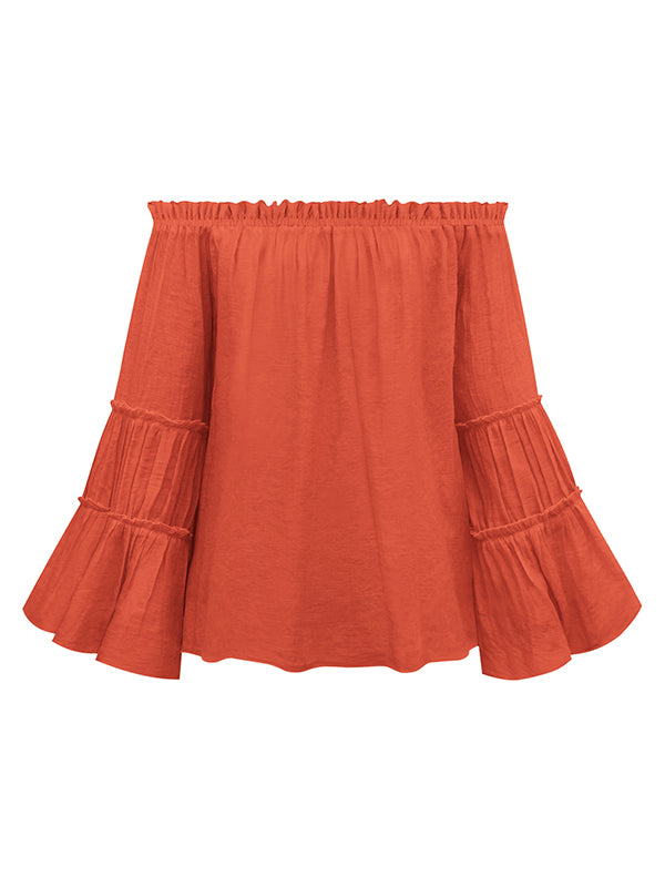 flowersverse Urban Solid Color Pleated Puff Sleeves Off-The-Shoulder Blouse