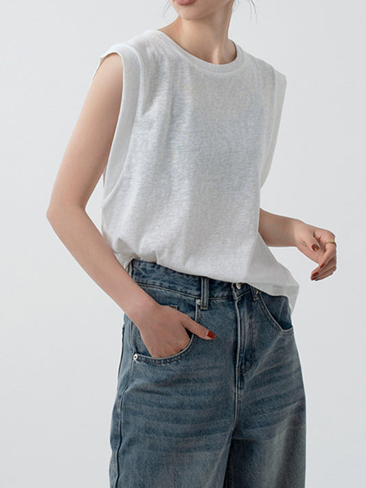 flowersverse See-Through Solid Color Loose Sleeveless Round-Neck Vest Top