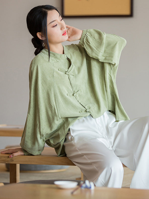 flowersverse Artistic Retro Loose Long Sleeves Buttoned Solid Color Stand Collar Blouses&Shirts Tops
