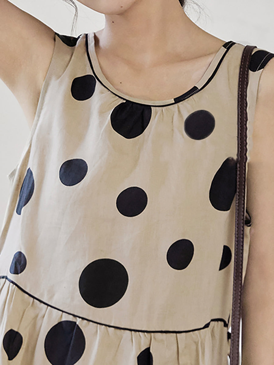 flowersverse Plus Size Women Summer Casual Dot Drawstring Linen Vest Dress