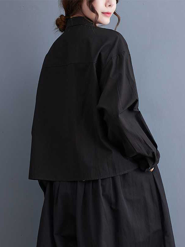flowersverse Applique Buttoned Embroidered Long Sleeves Loose Lapel Blouses&Shirts Tops