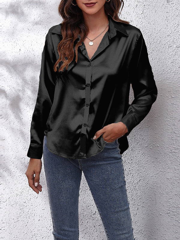 flowersverse Solid Color Long Sleeves Loose Lapel Blouses&Shirts Tops