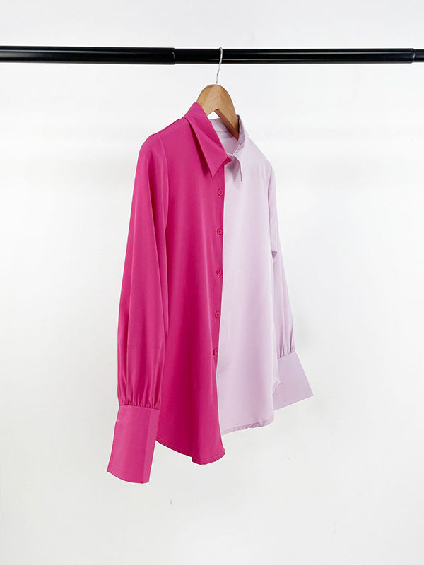 flowersverse Buttoned Contrast Color Long Sleeves Loose Lapel Blouses&Shirts Tops