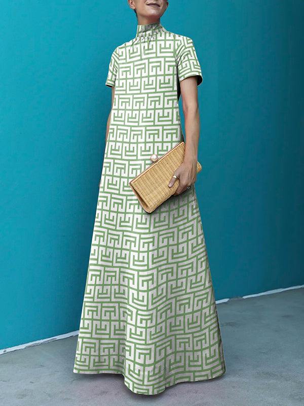 flowersverse Loose Short Sleeves Printed Stand Collar Maxi Dresses