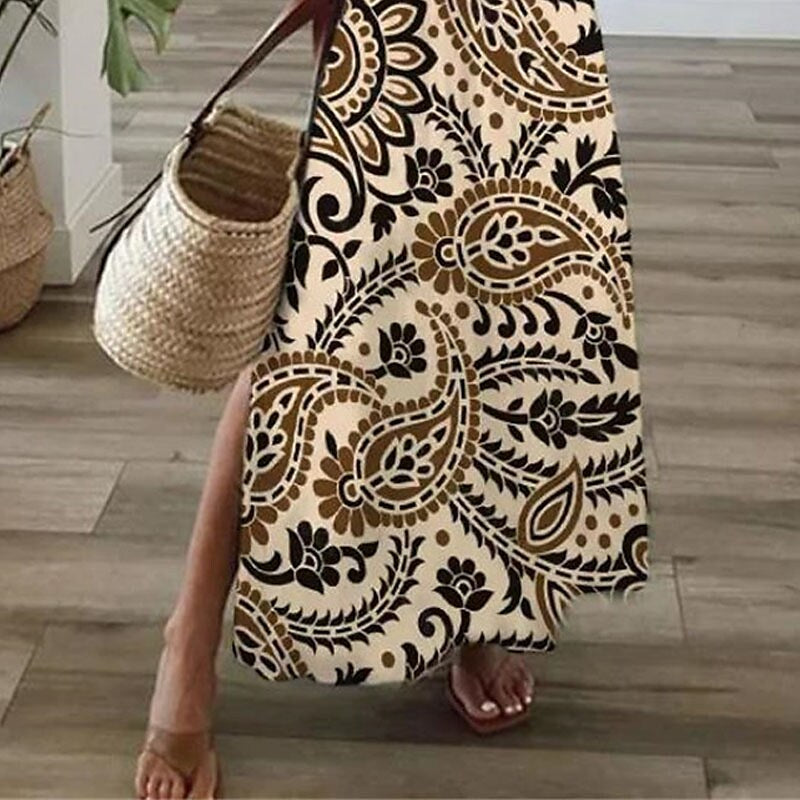 flowersverse Women's Casual Dress Ethnic Dress Shift Dress Long Dress Maxi Dress Khaki Short Sleeve Floral Split Spring Summer V Neck Vacation S M L XL XXL 3XL