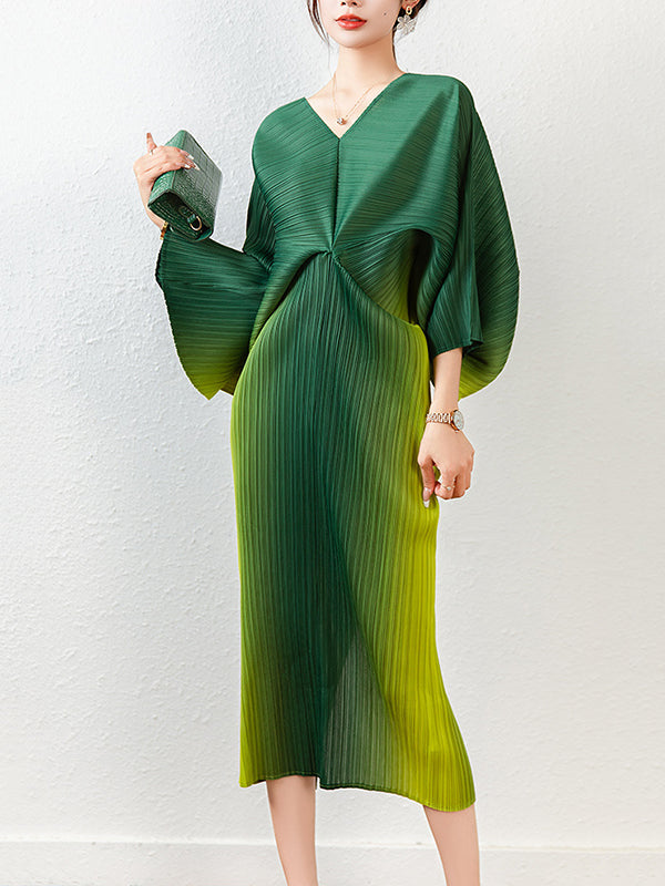flowersverse Fashion Loose Batwing Sleeves Gradient Pleated Midi Dress