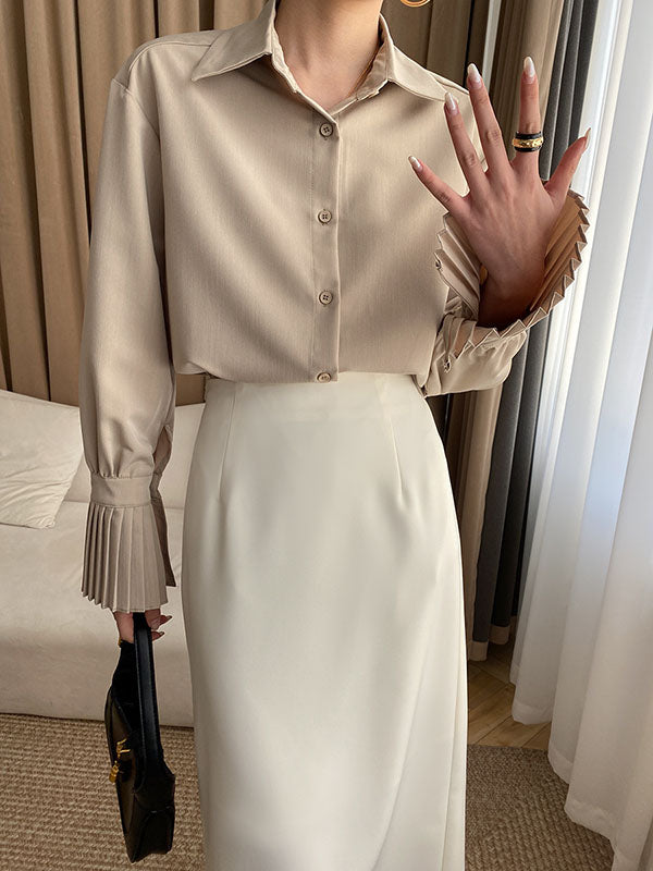flowersverse Solid Color Flared Sleeves Lapel Blouses&Shirts Tops