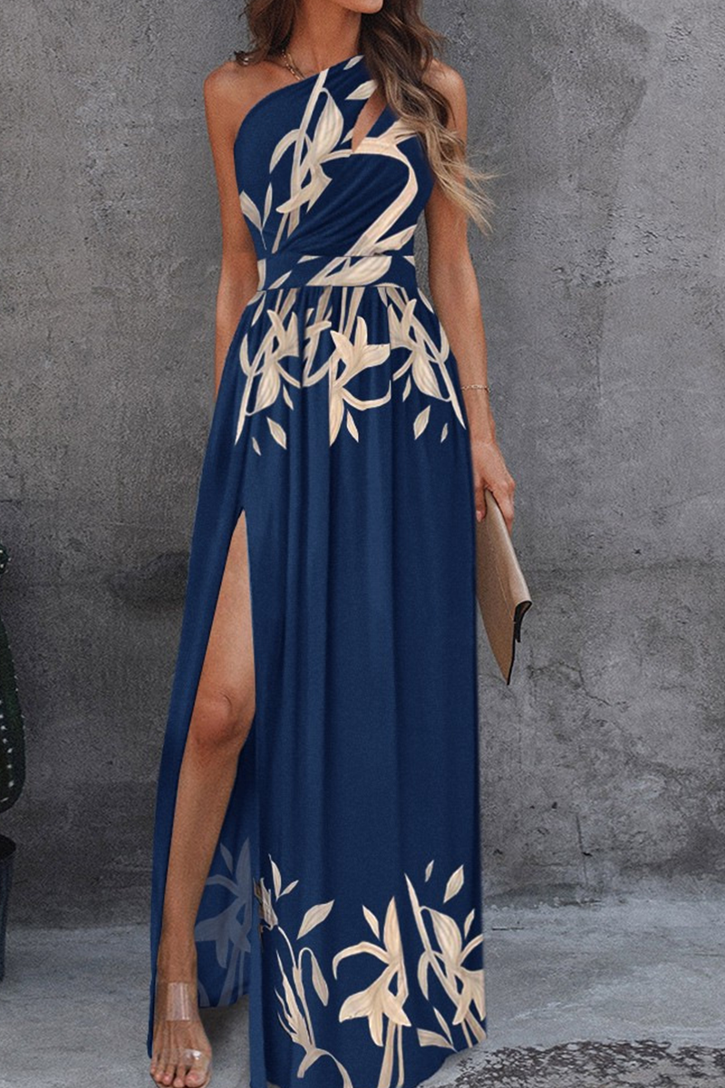 flowersverse Casual Print Patchwork One Shoulder Irregular Dress Dresses