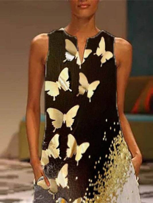 flowersverse Cotton-Blend Shift V Neck Casual Weaving Dress