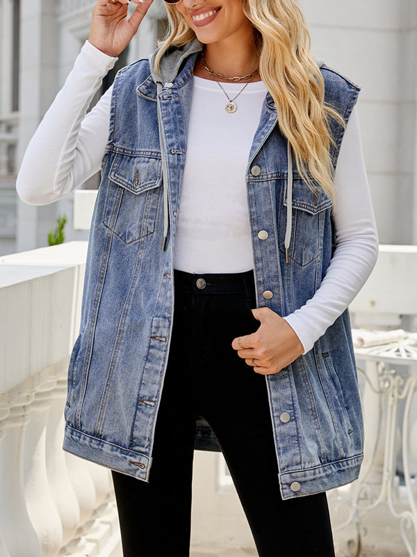flowersverse Buttoned Detachable Drawstring Hooded Pockets Split-Joint Loose Sleeveless Polo Vest Outerwear