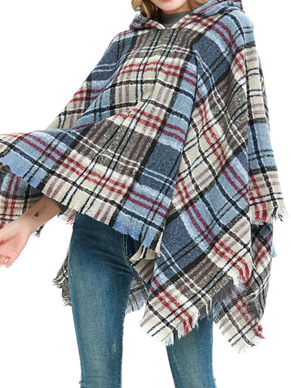 flowersverse Fringed Hooded Keep Warm Plaid Shawl&Cloak Cape