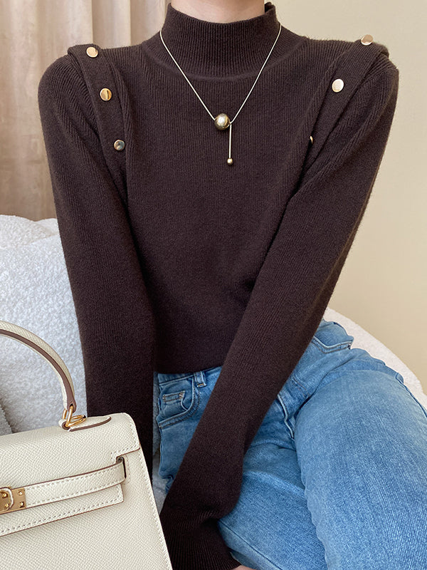 flowersverse Buttoned Split-Joint Long Sleeves High-Neck Sweater Tops