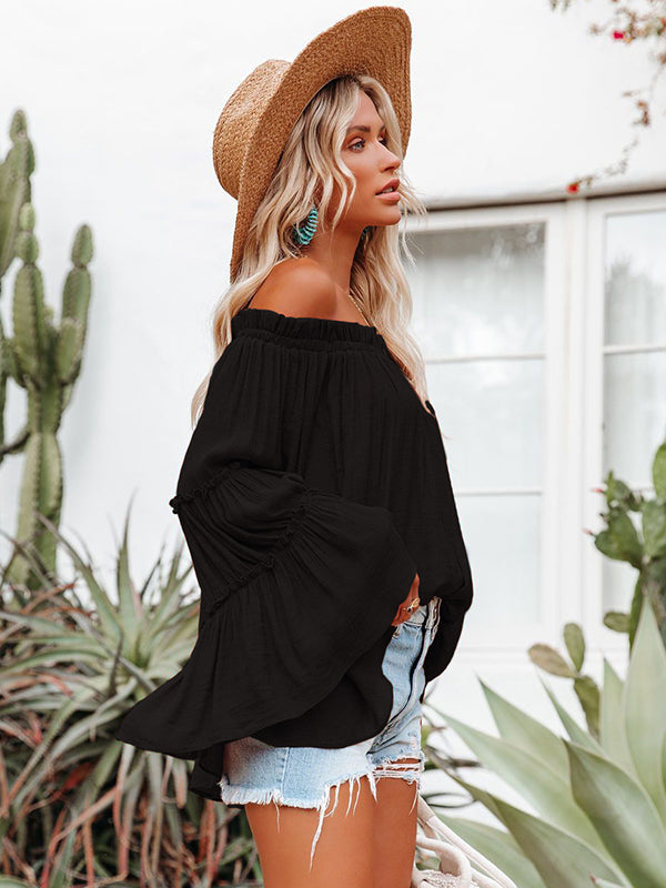 flowersverse Urban Solid Color Pleated Puff Sleeves Off-The-Shoulder Blouse