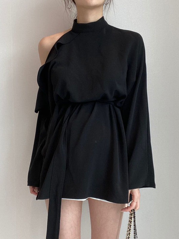flowersverse Asymmetric Hollow Ruffled Solid Color Tied Waist Long Sleeves Loose Mock Neck Blouses&Shirts Tops