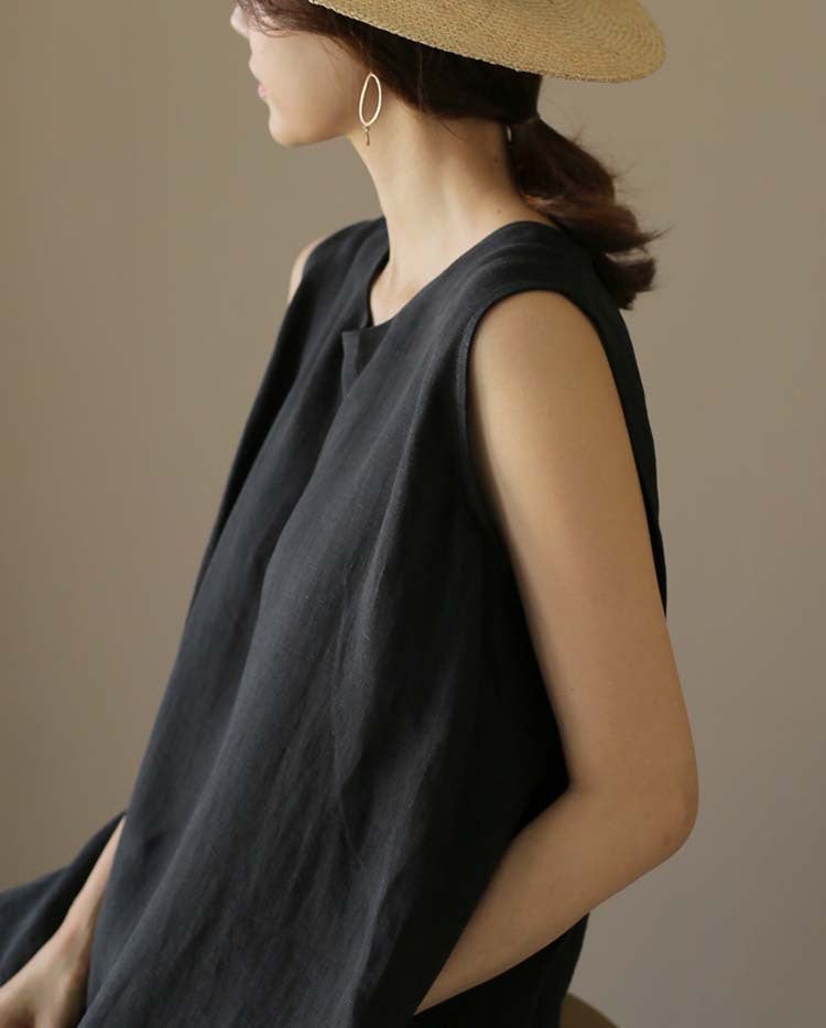 flowersverse Loose Cotton Vest Dress New Round Neck Sleeveless Long Dress Linen