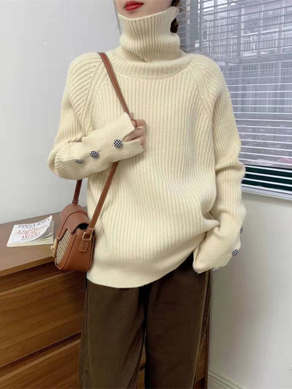 flowersverse Casual Loose Long Sleeves Solid Color High-Neck Sweater Tops