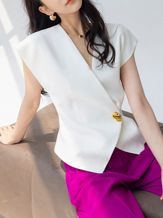 flowersverse Asymmetric Buttoned Sleeveless V-Neck Vest Top