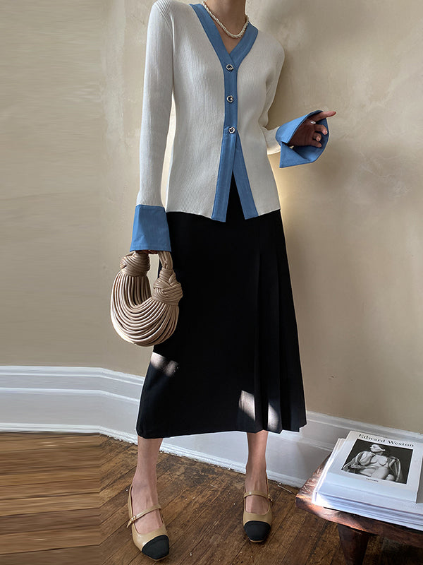 flowersverse Original Long Sleeves Skinny Buttoned Contrast Color V-Neck Cardigan Tops