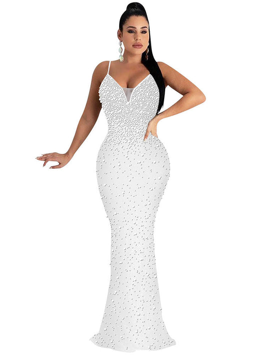 flowersverse Off Shoulder Backless Sequin Spaghetti Strap Bodycon Maxi Dresses
