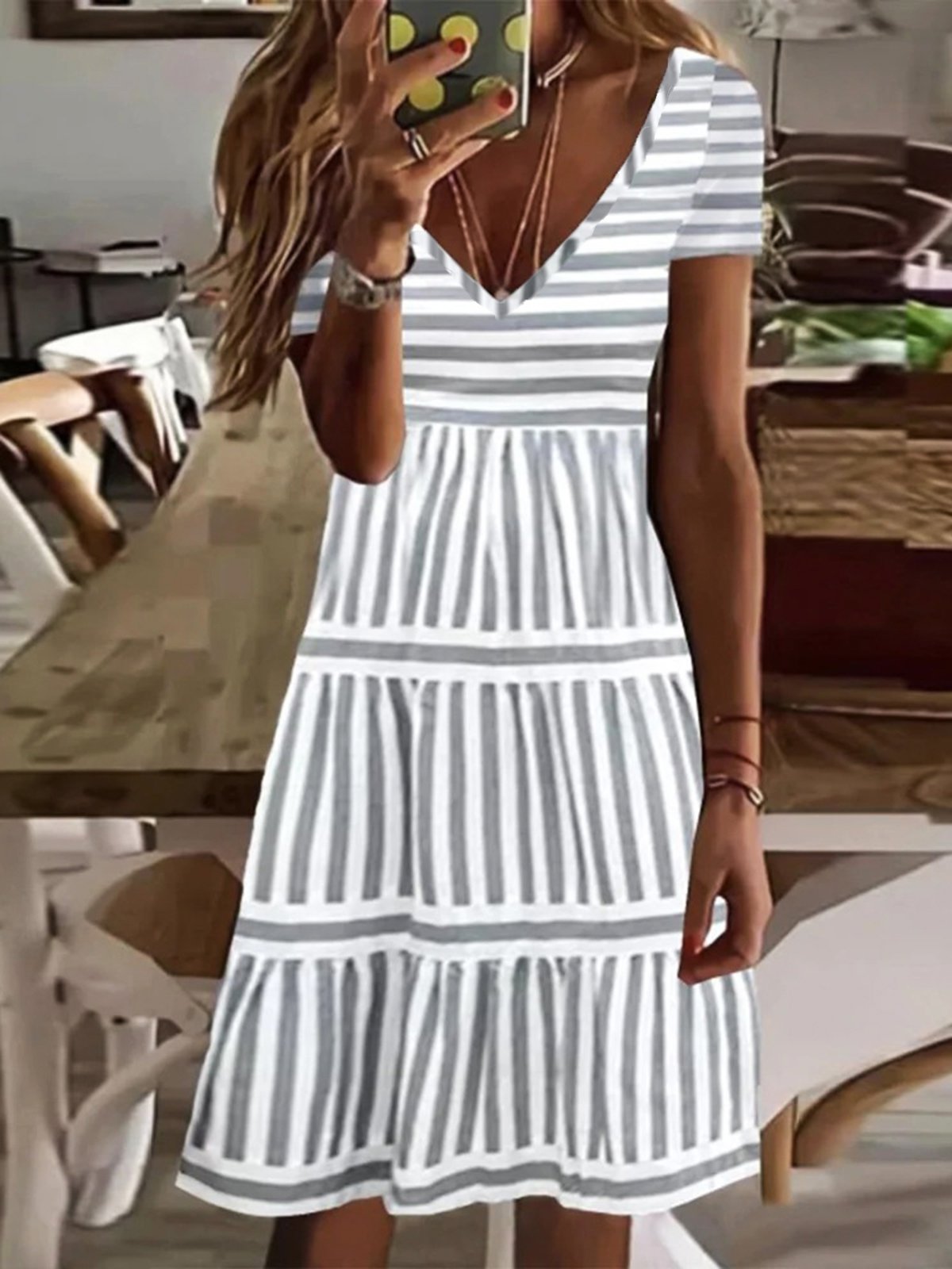 flowersverse V Neck Striped Casual Short Sleeve A-Line Dress