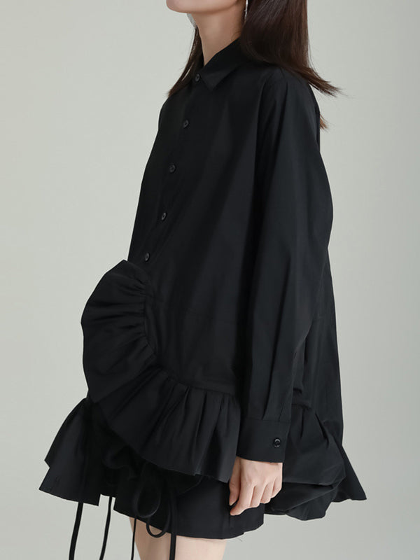 flowersverse Asymmetric Solid Color Cropped Long Sleeves Lapel Blouses&shirts Tops