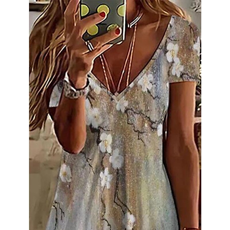 flowersverse Women's Casual Dress Shift Dress Print Dress Floral Print V Neck Mini Dress Active Fashion Outdoor Daily Short Sleeve Regular Fit Khaki Spring Summer S M L XL XXL